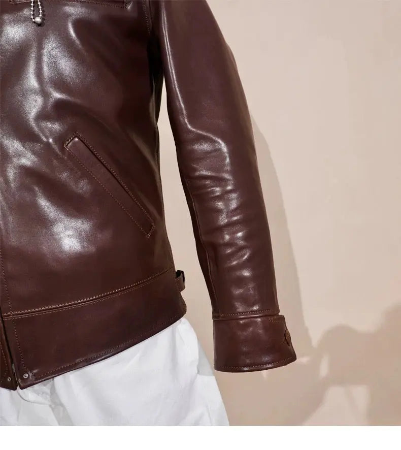 Tailor Brando American Retro Classic 1930S Batik Horsehide Men's Lapel Short Biker Genuine Leather Jacket Tailor Brando