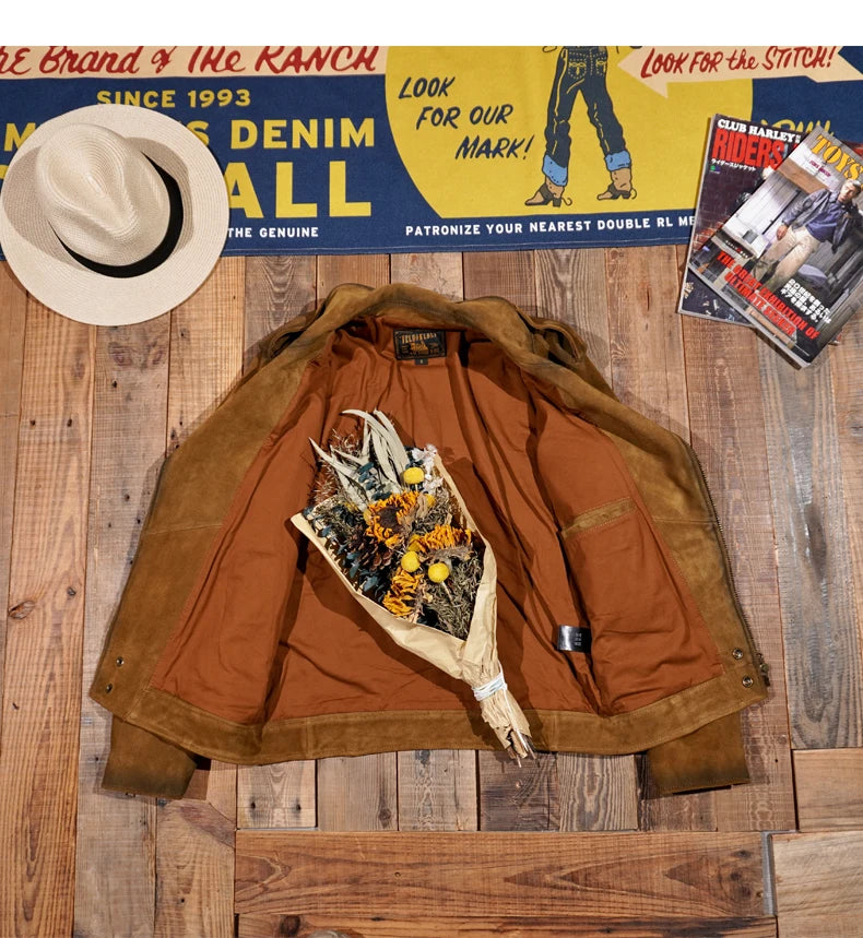 American Retro RL Style Distressed Suede Leather Jacket, Maillard Diagonal Pull Motorcycle Jacket, Slim Fit Short Style
