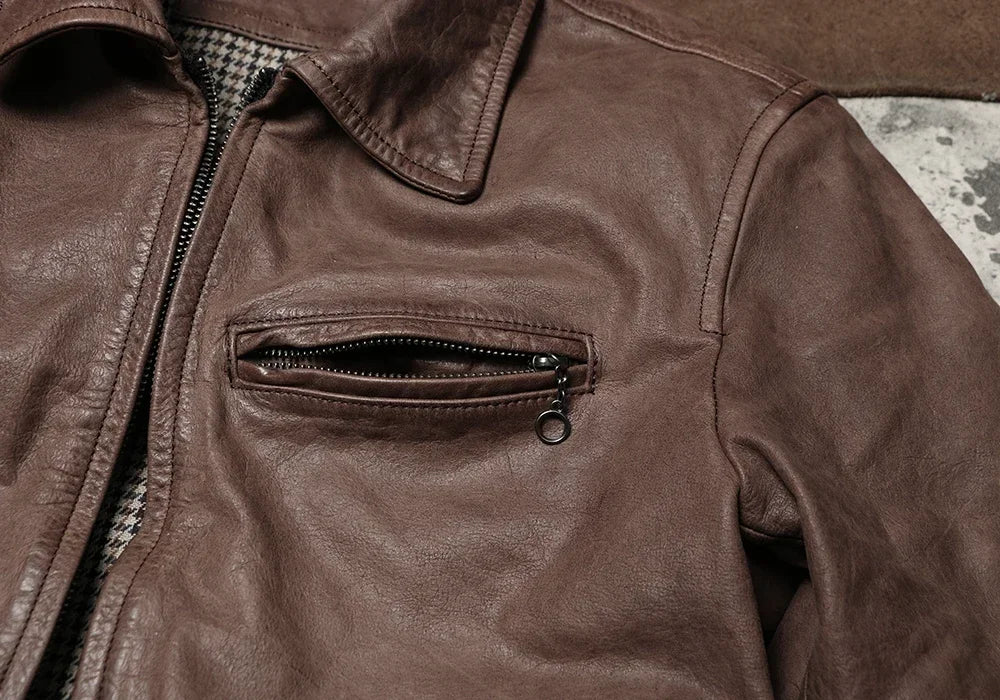 Jacky Cheung's Short Flip Collar Amikaki Leather Jacket with Retro Vintage Leather Jacket, Wax Dyed Unpainted Cowhide