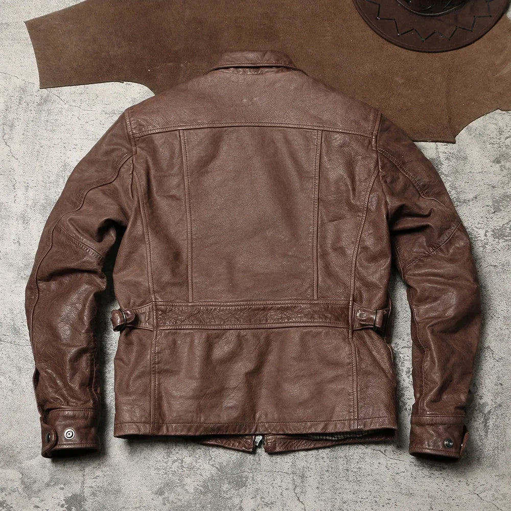 Jacky Cheung's Short Flip Collar Amikaki Leather Jacket with Retro Vintage Leather Jacket, Wax Dyed Unpainted Cowhide