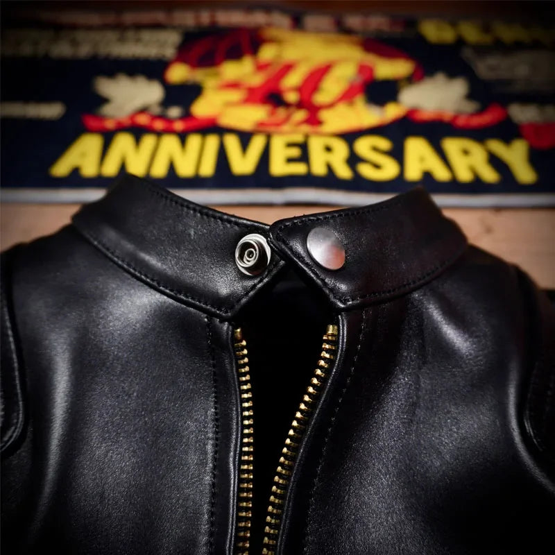 Classic Tom Hardy Venom Italian Vegetable Tanned Cowhide Leather Jacket Stand Up Collar Biker American Vintage Men's Crop Jacket