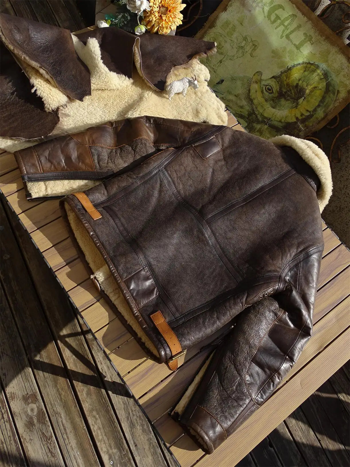 Tailor Brando Turkey Original Sheep Shearling & Vegetable Tanned Tea Core Cowhide Men's Classic Bomber Warm Genuine Fur Jacket