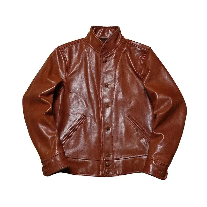 Tailor Brando Full Grain Batik Goatskin Vintage Men's Short Highland Barley Collar Slim Genuine Leather Jacket Tailor Brando
