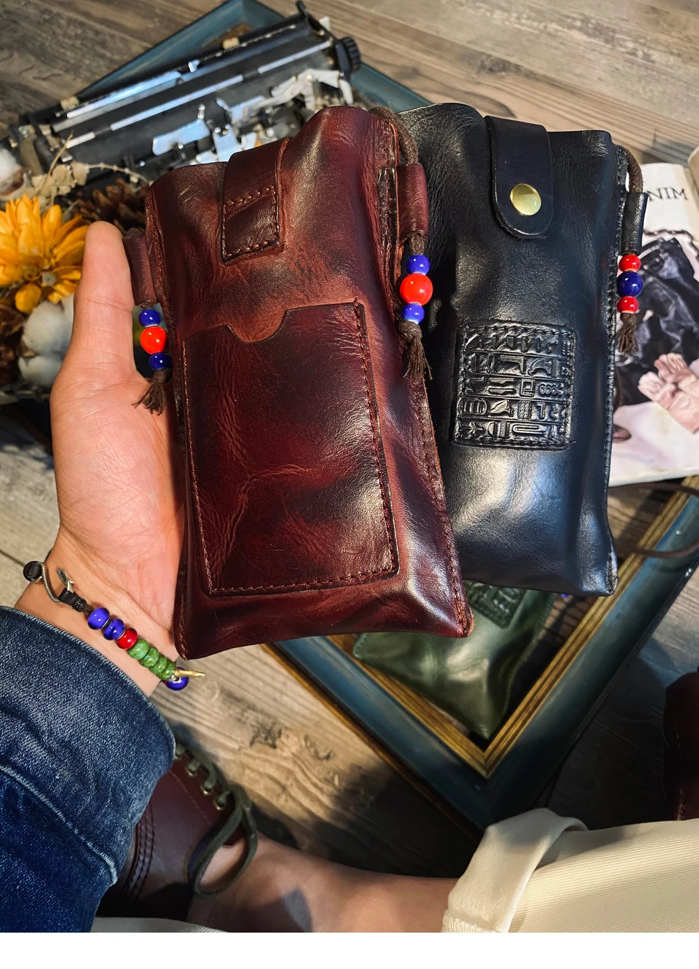 Tailor Brando Y-1 High Quality Vegetable Tanned Handmade Old Calfskin Phone Key Case Small Shoulder Bag