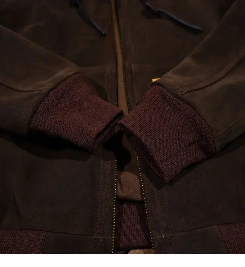 Tailor Brando American Retro Suede Cowhide Leather Men's Hooded Jacket Classic Genuine Leather Jacket Tailor Brando