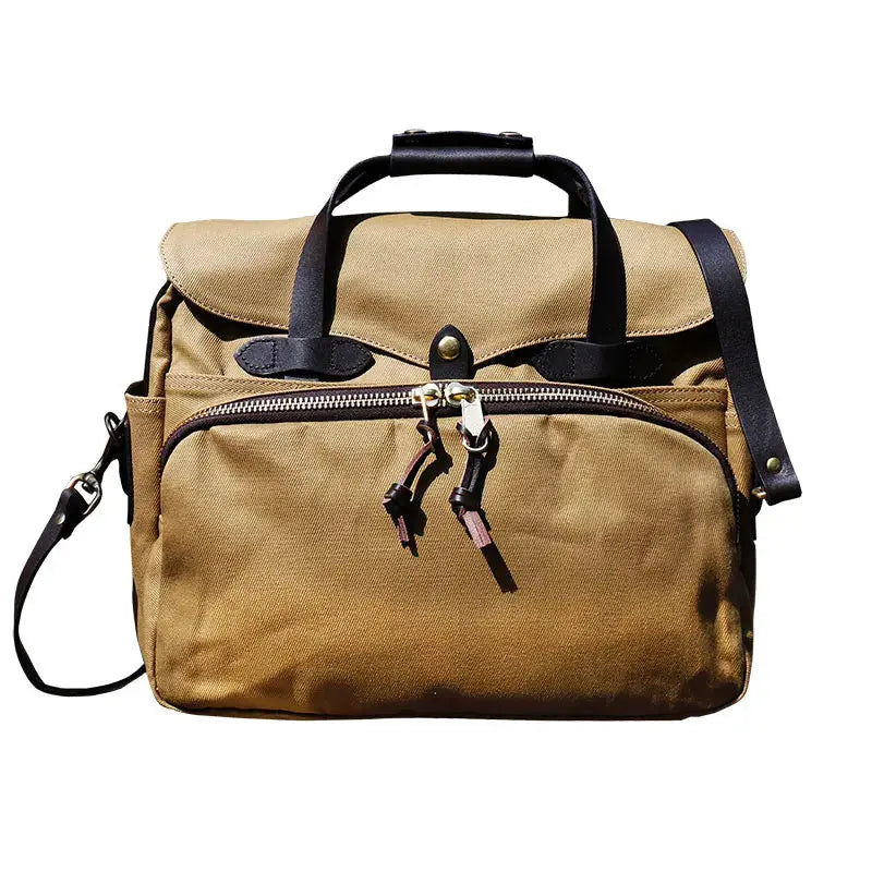 Tailor Brando 70258 Heavy 22OZ Canvas & Saddle Leather Shoulder Strap YKK Pure Copper Zipper Crossbody Business Laptop Bag Tailor Brando