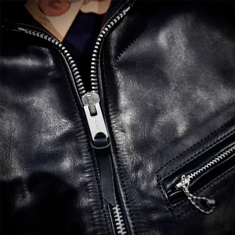 Tailor Brando Muhrando Genuine Leather Wooden Box Plant Tanned Wax Dyed Top Layer Horseskin Biker Leather Jacket