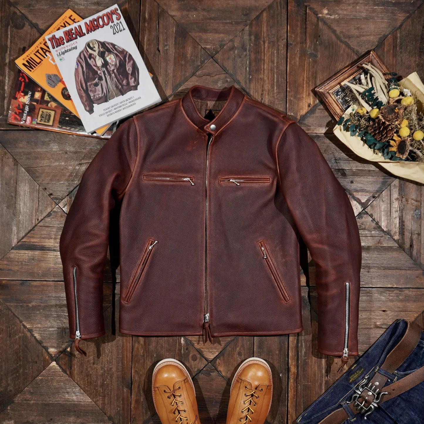 Tailor Brando 1.6mm J100 Batik Full Grain Cowhide Men's Retro Short Genuine Leather Biker Jacket