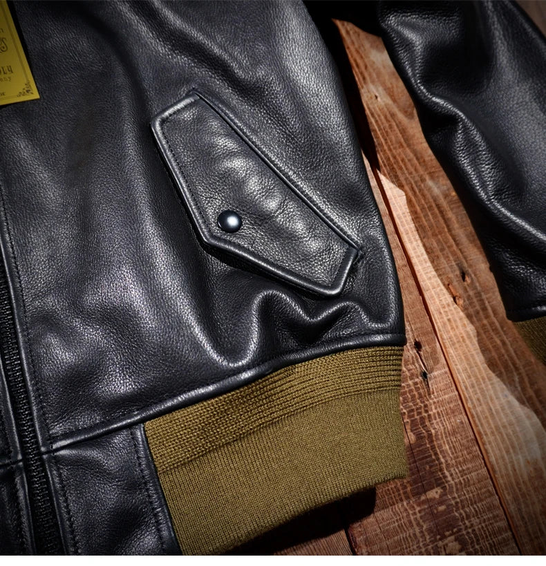 Classic MA1 Flying Suit Jacket, Water Dyed Cowhide Leather Jacket, Short Motorcycle Baseball Suit, Top Layer of Genuine