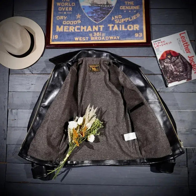 Blockbuster Classic 1930s Tea Core Horseskin Leather Jacket Men's Biker Jacket American Retro Slim Top Layer Leather Lapels Tailor Brando
