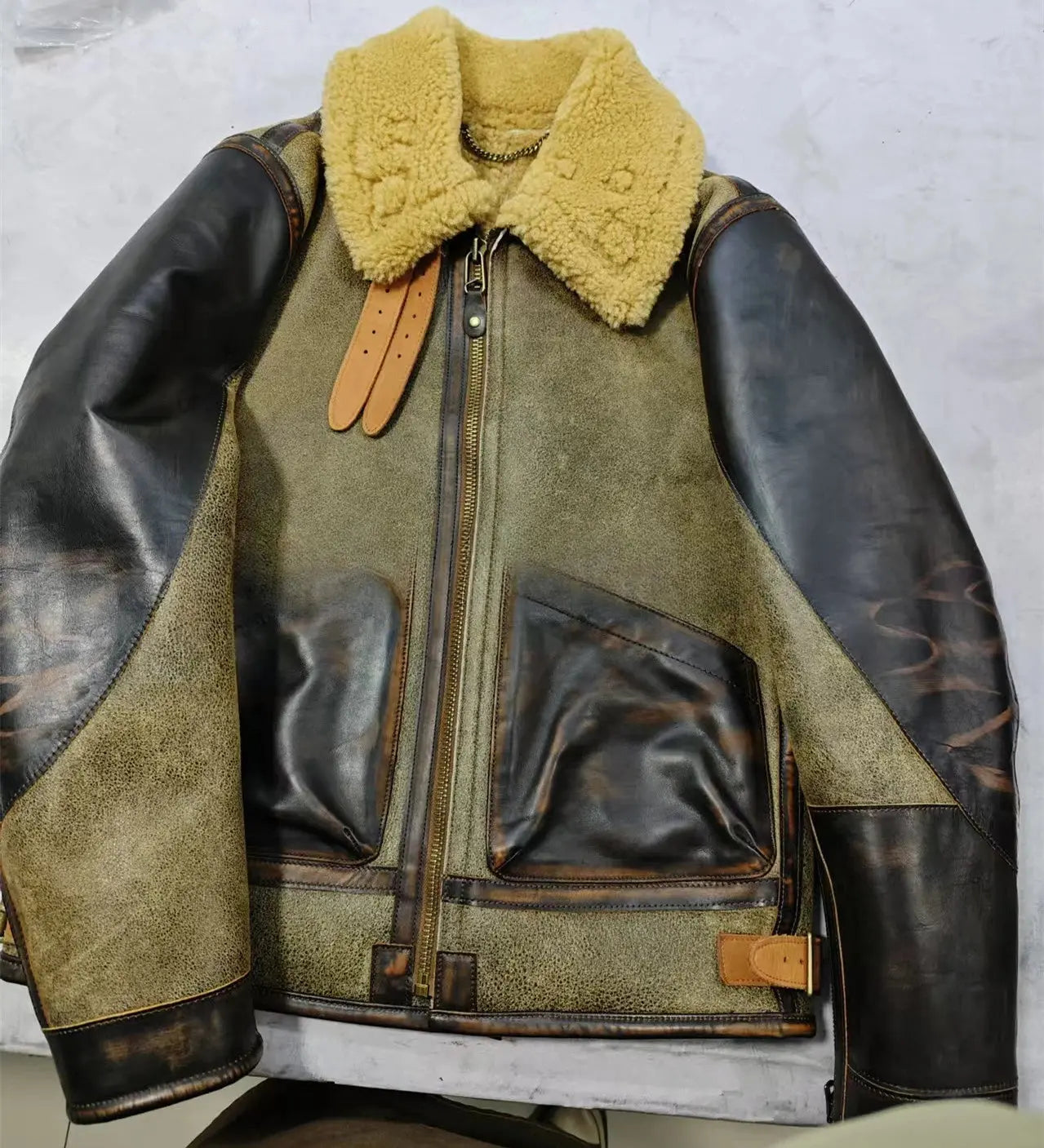 Tailor Brando handaged Vegetable Tanned Tea Core Horsehide & Raw Sheep Shearling Classic Barton B3 Bomber Genuine Fur Jacket Tailor Brando