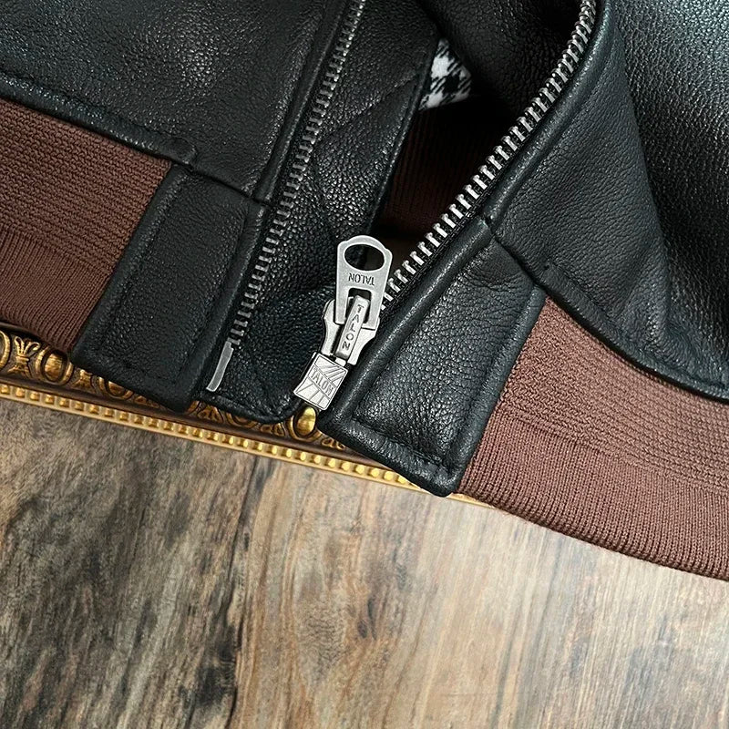 Tailor Brando 1.4mm Goatskin American Retro MA-1 Stand-up Collar Baseball Jacket Genuine Leather Jacket