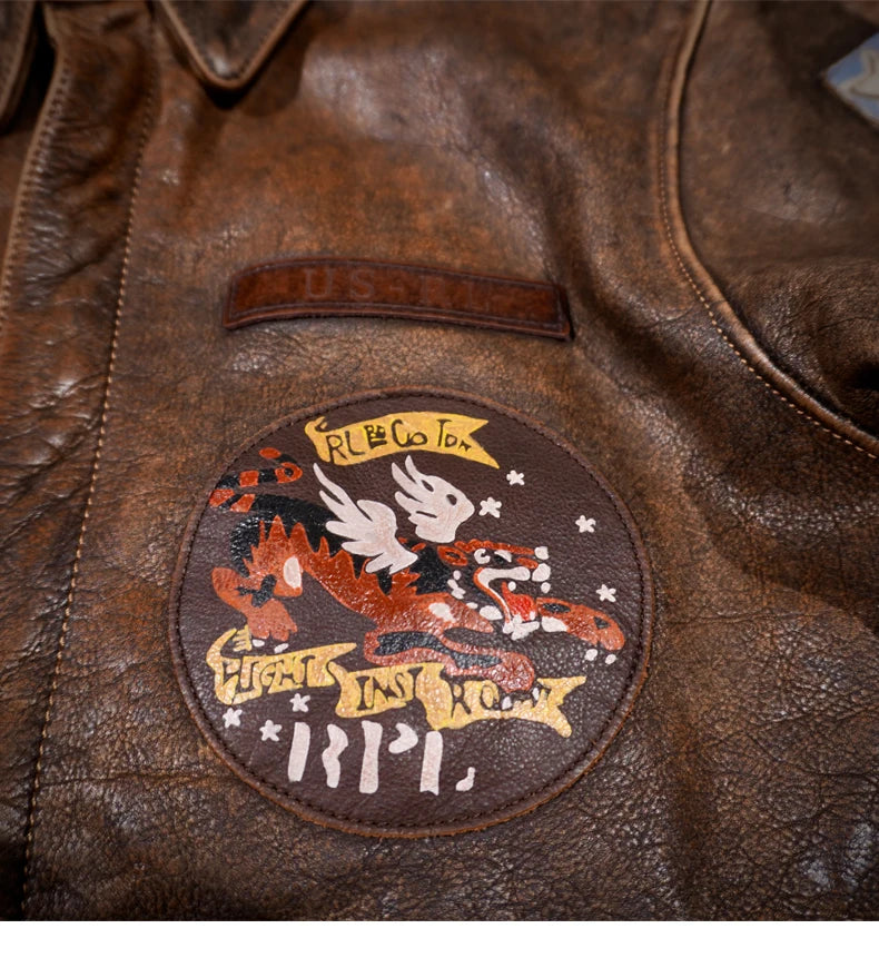 Tailor Brando Full Grain Vegetable Tanned Washed Aged A2 Flying Tigers Bomber Jacket Men's Classic Short Leather Jacket