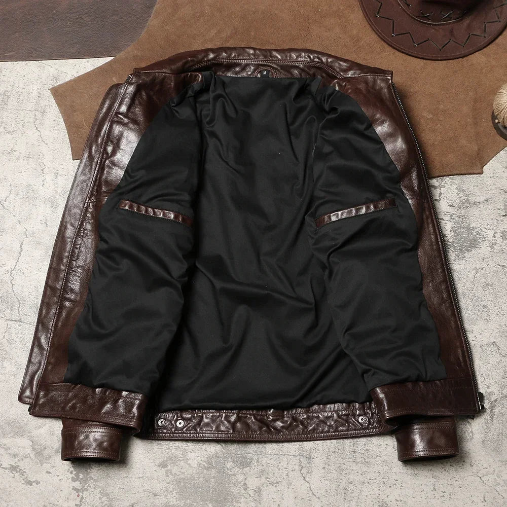 Cargo Multi-pocket Leather Jacket Spring and Autumn Vintage Batik Goatskin Jacket Men's Lapel Slim Biker Leather Jacket