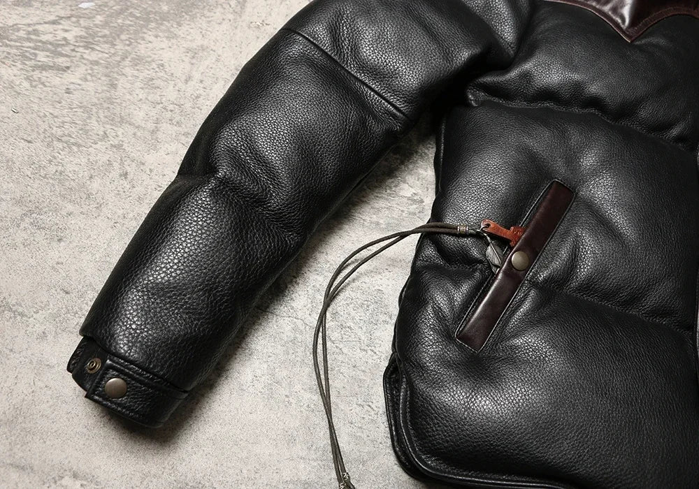 Top Layer Cowhide and Duck Down Warm Jacket for Men's Retro Leather Jacket, Winter Super Thick Genuine Leather Down Bread Jacket