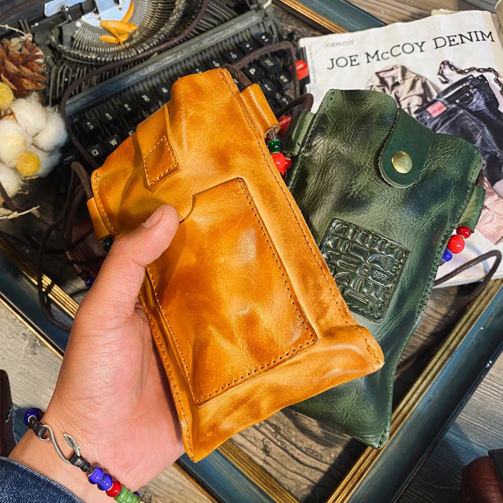 Tailor Brando Y-1 High Quality Vegetable Tanned Handmade Old Calfskin Phone Key Case Small Shoulder Bag