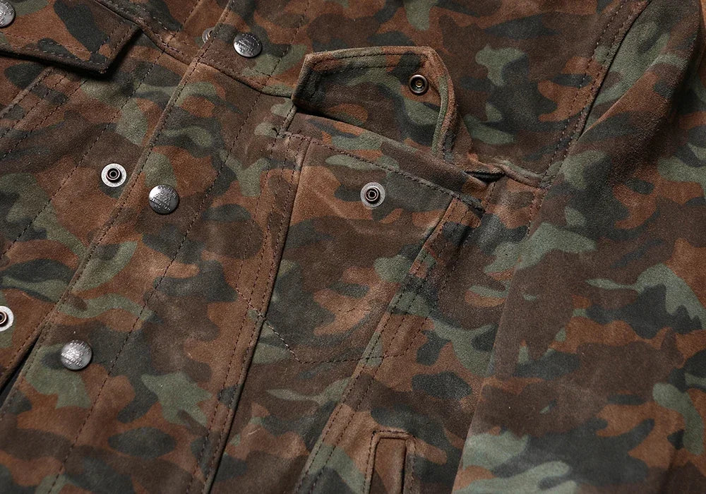 Tailor Brando Camouflage Heavy-duty Frosted Cowhide Jacket Men's Workwear 507 High Waisted Genuine Leather Jacket