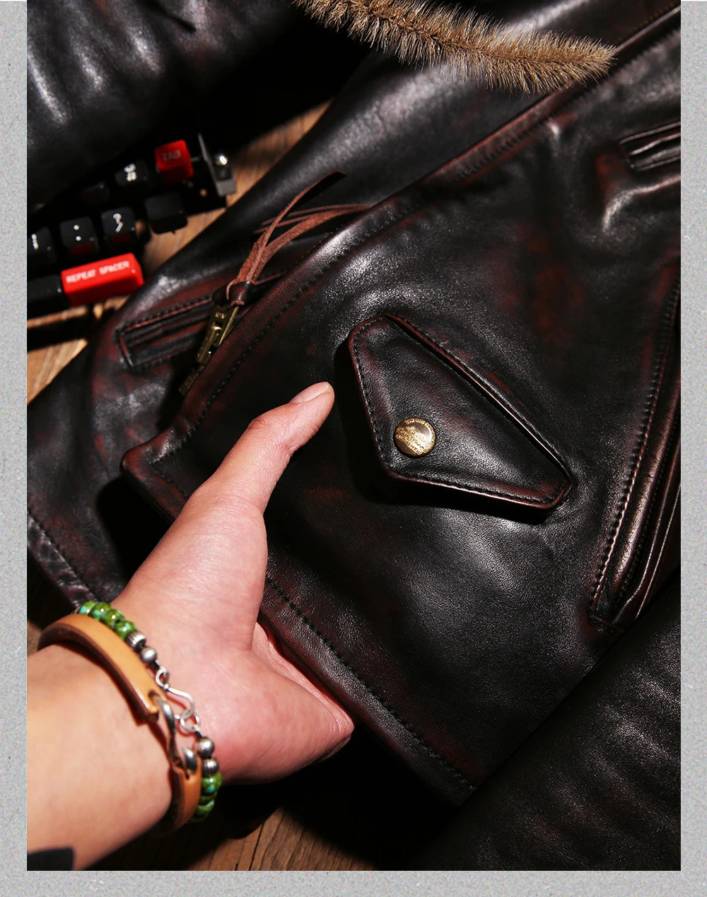 Tailor Brando Full Grain Washed Aged Tea Core Horsehide Collar Slim Retro Men's Genuine Leather Biker Jacket