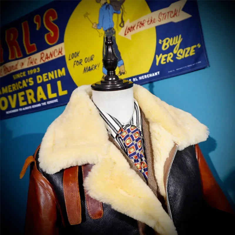 Patton Merino B3 Fur Integrated Flying Jacket with Horsehide Patchwork Motorcycle Leather Jacket, American Retro and Heavy