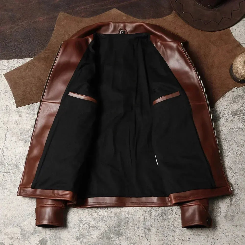 Tailor Brando Vintage Men's Lapel Collar Heavy-duty Wax Dyed Cowhide Motorcycle Genuine Leather Jacket Tailor Brando