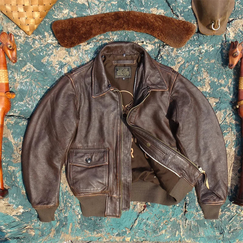 Tailor Brando Heavy Washed Aged Cowhide Men's G1 Pilot Jacket Removable Fur Collar Genuine Leather Jacket