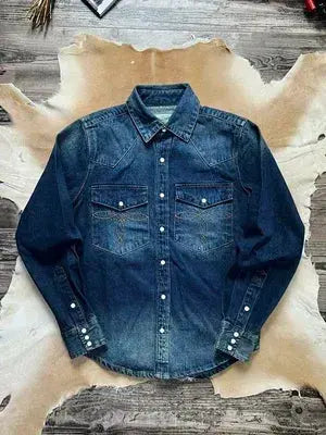 Tailor Brando American Retro Heavyweight Long Sleeve Shirt Classic Pocket Flower Jewel Button Western Denim Men's Slim Fit Shirt Tailor Brando