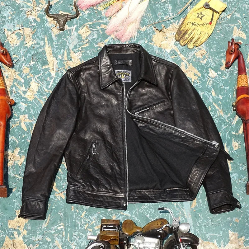 Tailor Brando Top Oil Wax Horse Leather Leather Jacket Men's Mulholland Lapel Slim Jacket