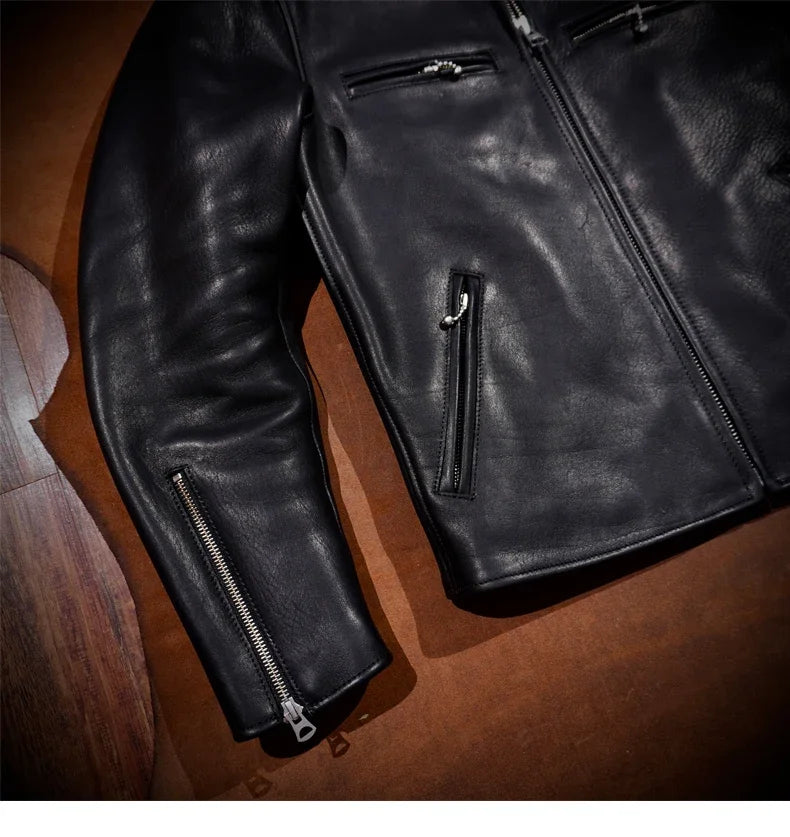 2.0 Thick and Heavy J100 Holven Horween1930S Full Grain Cowhide Leather Men's Motorcycle Short Stand Collar.