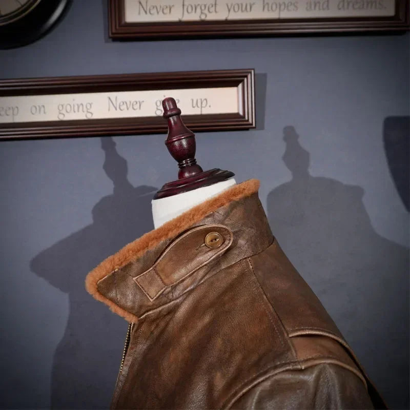 Tailor Brando American Vintage G1 Pilot Jacket Handmade Old Cowhide Biker Hair Collar Short Genuine Leather Menswear