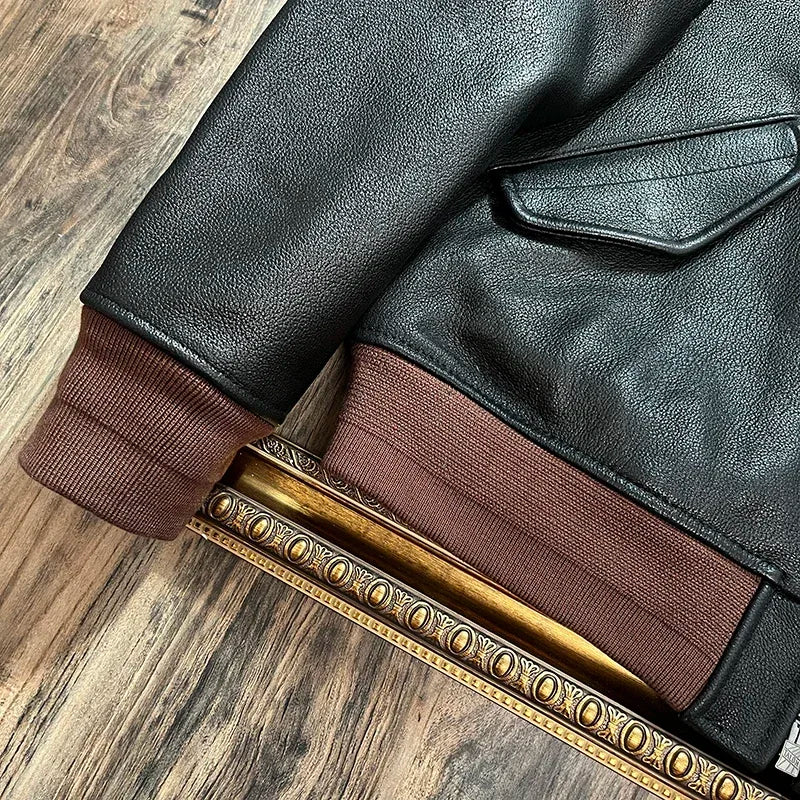 Tailor Brando 1.4mm Goatskin American Retro MA-1 Stand-up Collar Baseball Jacket Genuine Leather Jacket