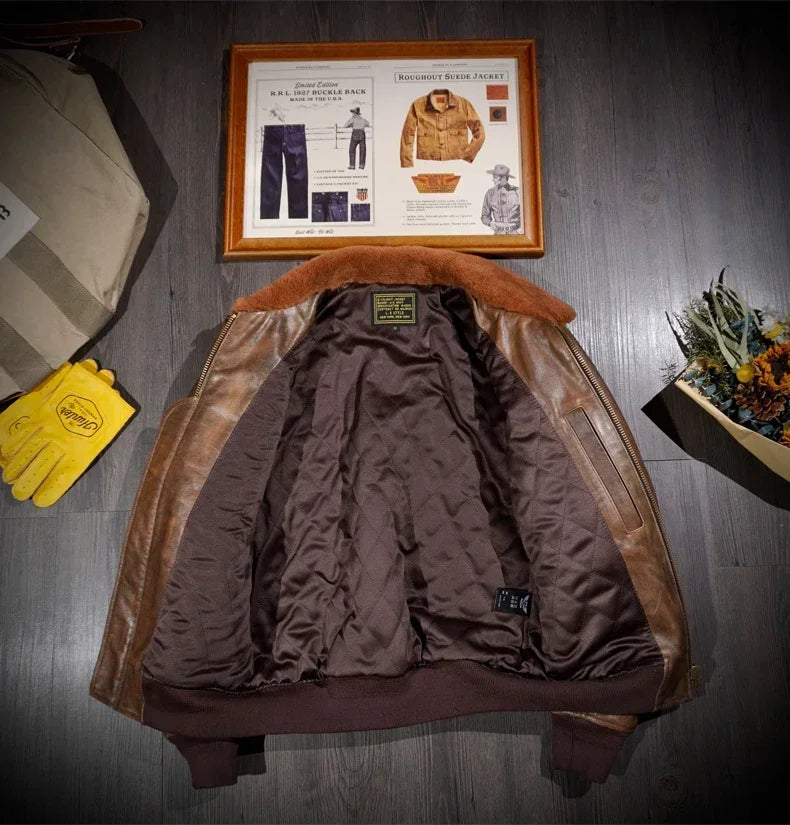 Tailor Brando American Vintage G1 Pilot Jacket Handmade Old Cowhide Biker Hair Collar Short Genuine Leather Menswear