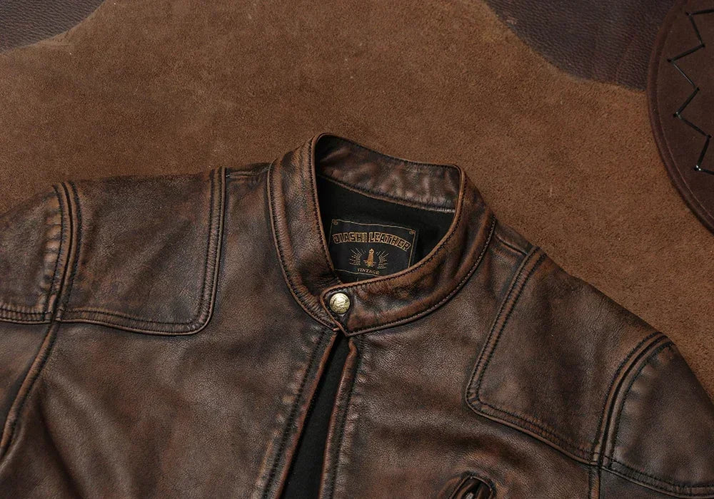 Venom Tea Core Tree Cream Cowhide Leather Coat Vintage Worn Genuine Leather Motorcycle Coat Men's Standing