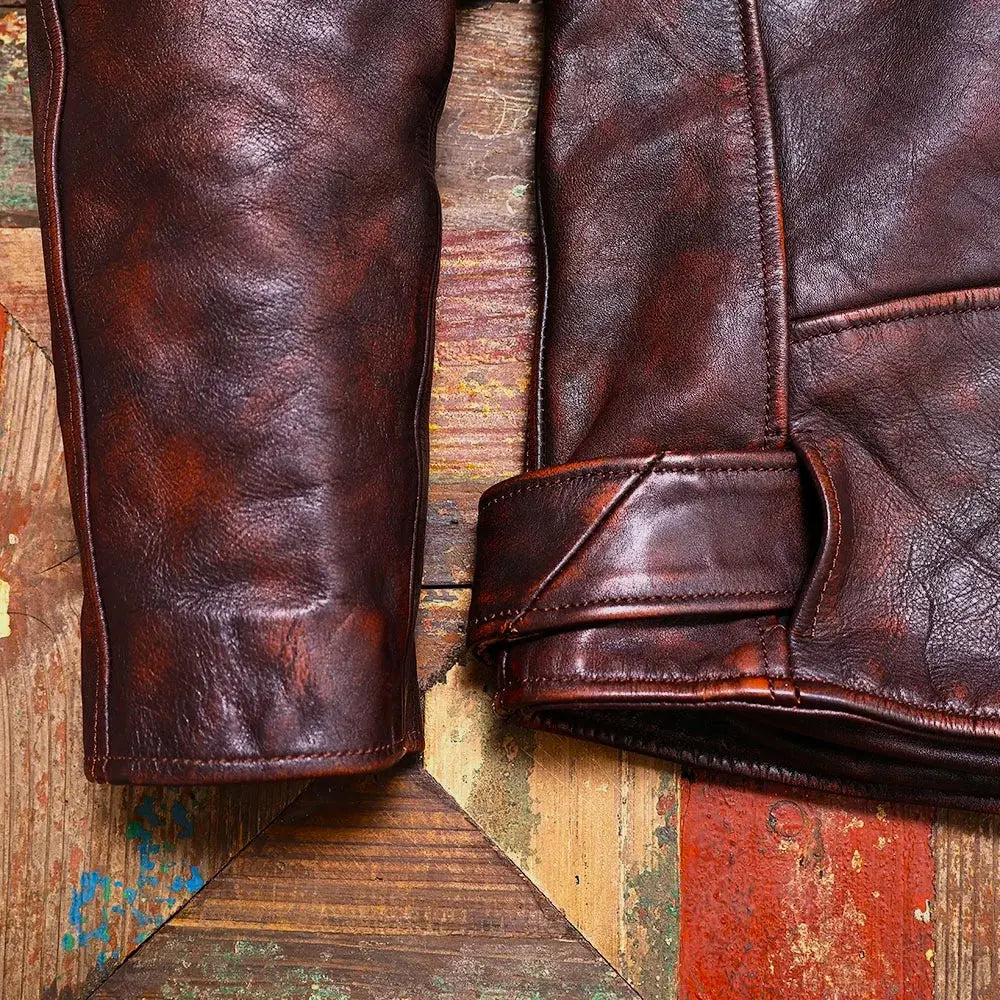 Tailor Brando Washed Aged Tea Core Cowhide Men's Double Rider Vintage Genuine Leather Biker Jacket Tailor Brando