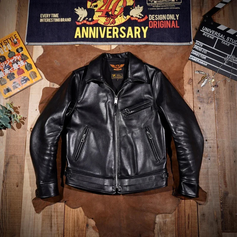 Tailor Brando Muhrando Genuine Leather Wooden Box Plant Tanned Wax Dyed Top Layer Horseskin Biker Leather Jacket