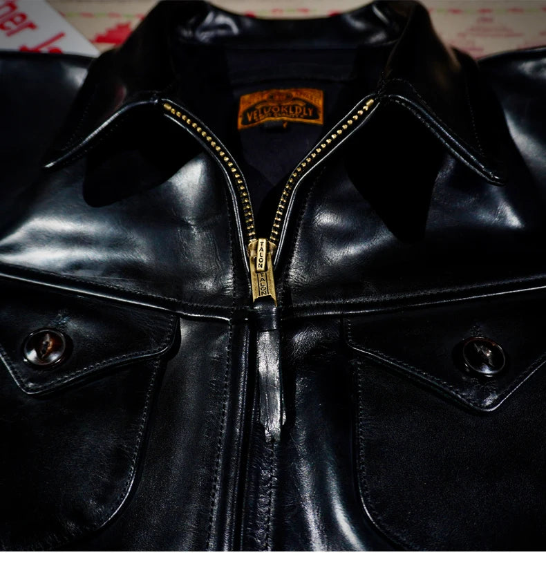 Tailor Brando1.5mm Full Grain Batik Horsehide Mendoza Classic Short Men's Slim Genuine Leather Jacket