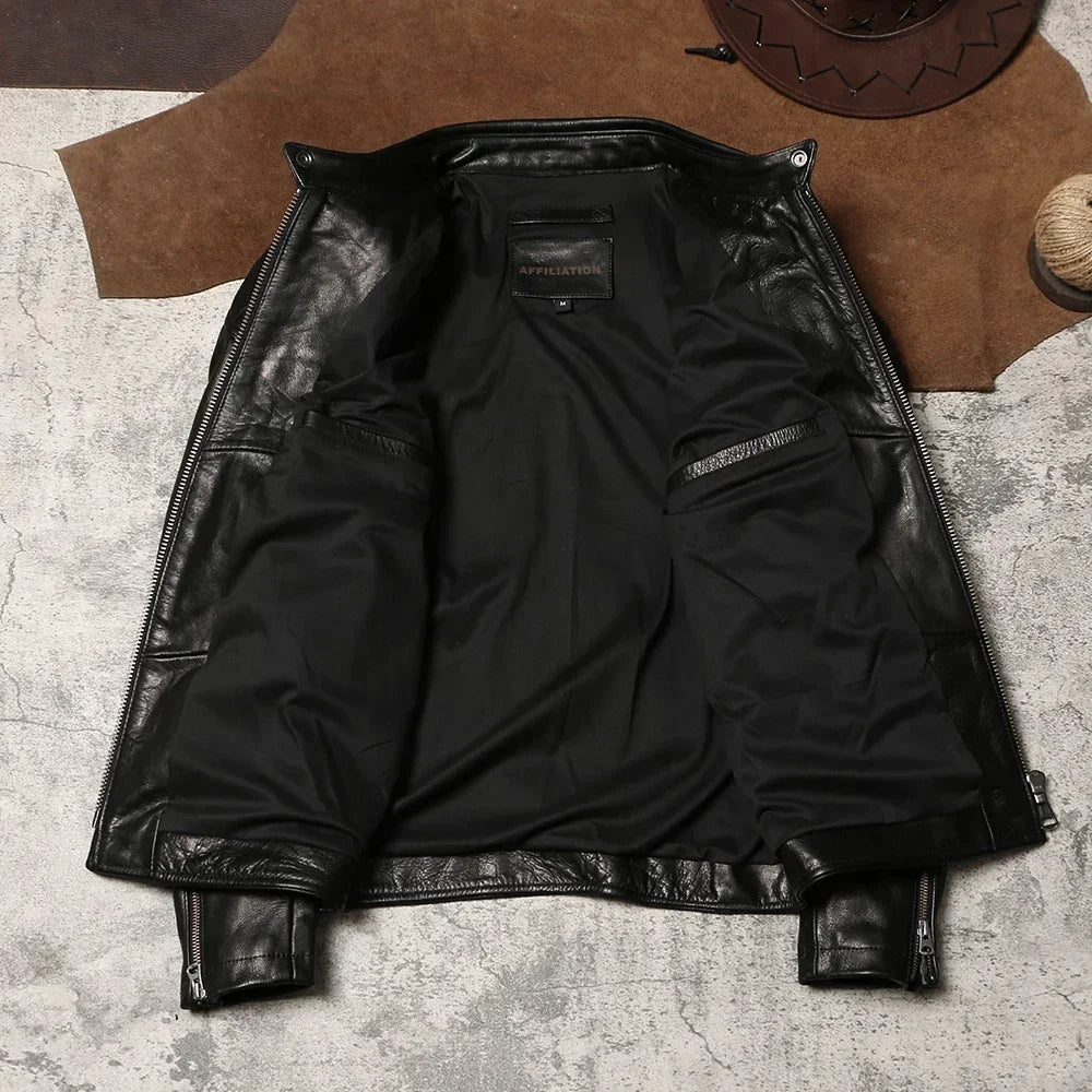 Heavy Venom Stand Collar Locomotive Slim Fit Leather Jacket Batik Unpainted Top Layer Cowhide Jacket Autumn Winter