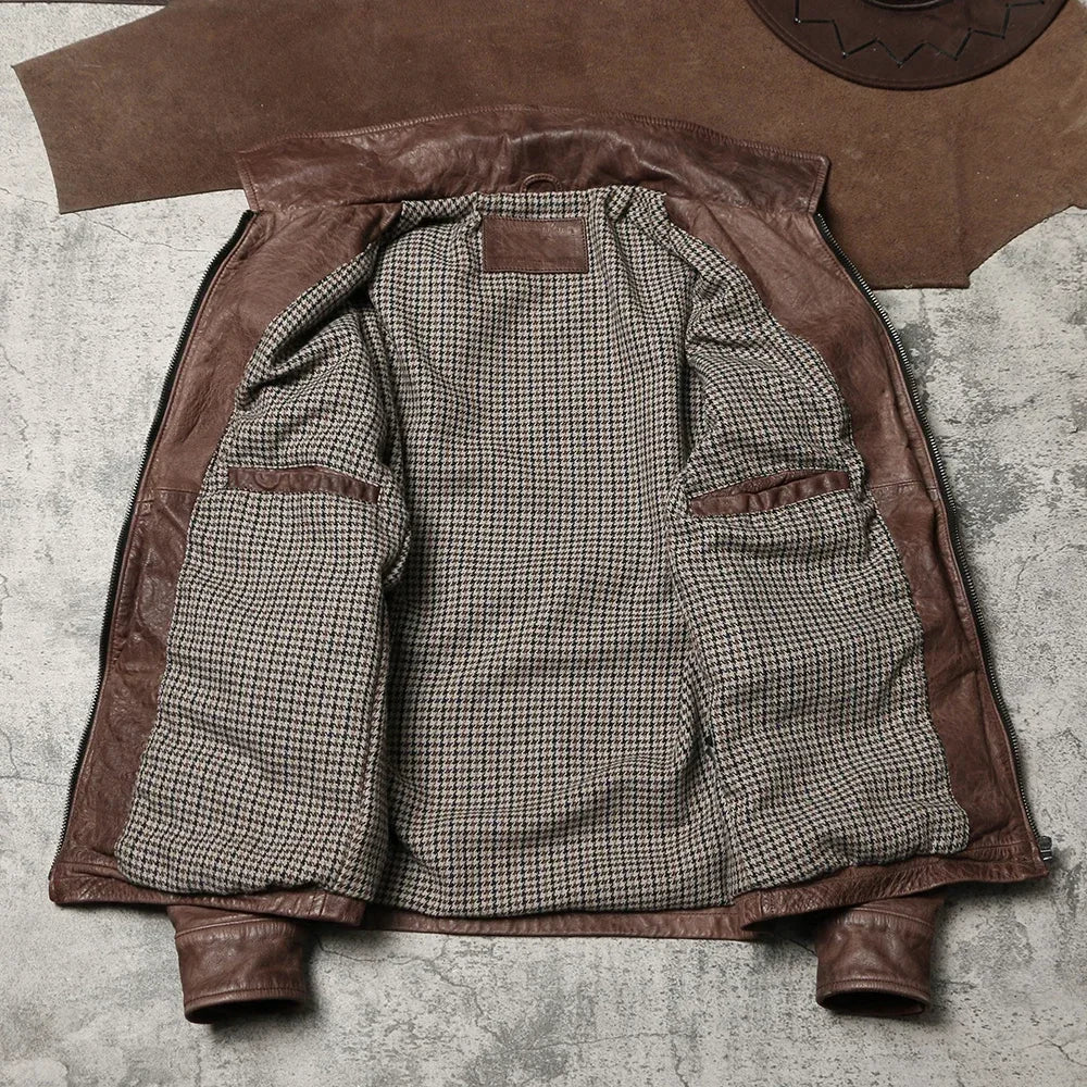 Jacky Cheung's Short Flip Collar Amikaki Leather Jacket with Retro Vintage Leather Jacket, Wax Dyed Unpainted Cowhide