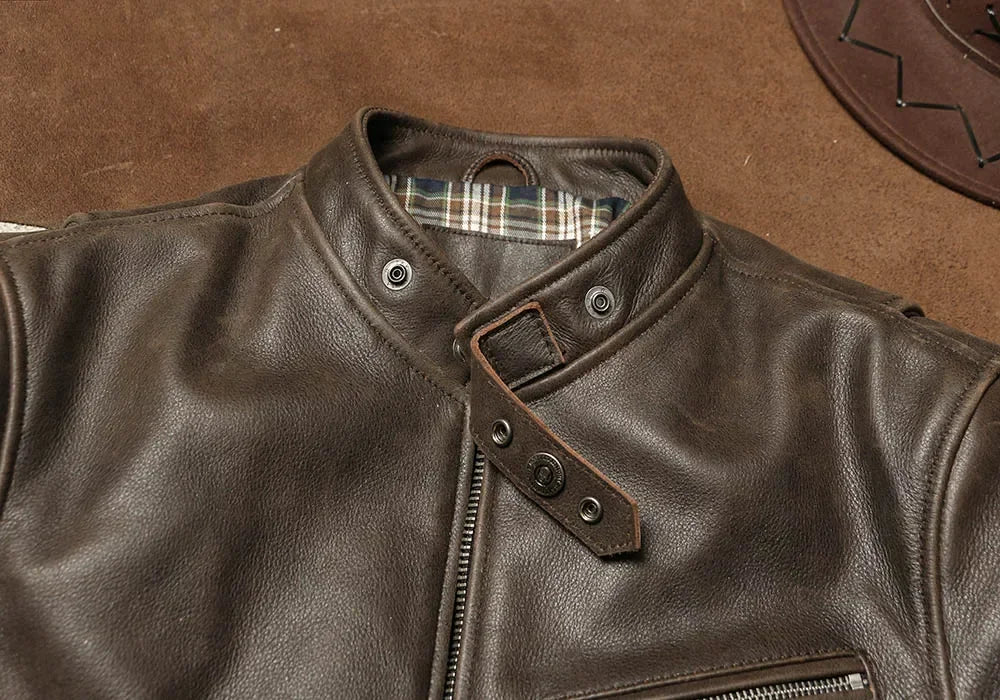 American Retro Distressed Unpainted Soft Cowhide Jacket, Autumn and Winter Genuine Leather Cycling Jacket