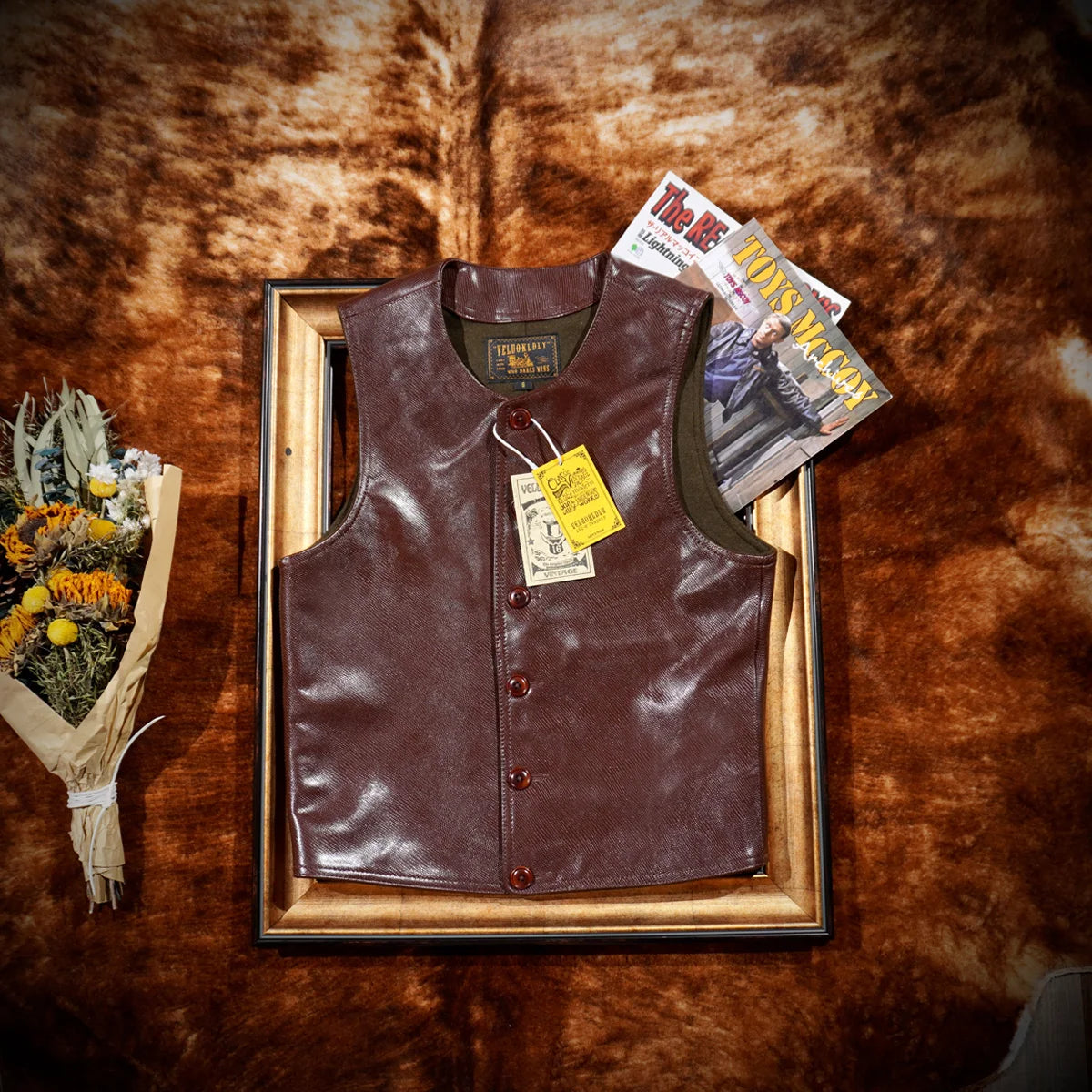 Classic: Ami Ka Ji Japanese Round Neck Motorcycle Genuine Leather Horse Leather Vest Men's Vest Slim Retro Cargo Horse Clip