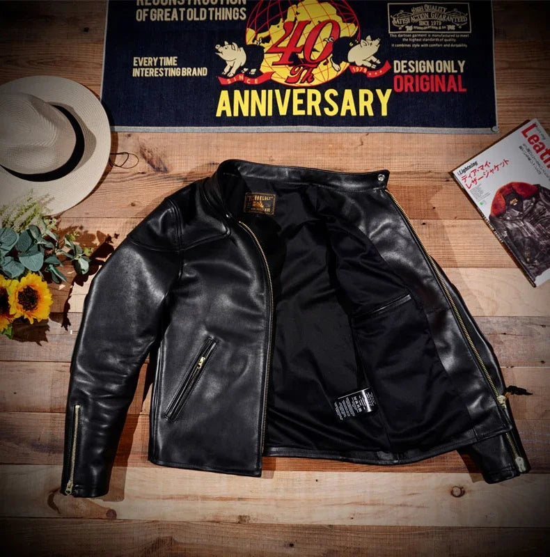 Classic Tom Hardy Venom Italian Vegetable Tanned Cowhide Leather Jacket Stand Up Collar Biker American Vintage Men's Crop Jacket