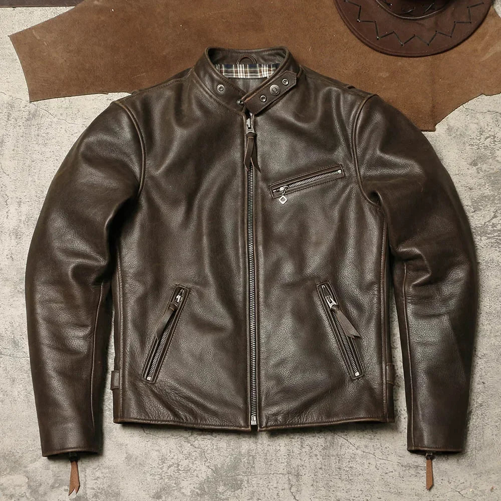 American Retro Distressed Unpainted Soft Cowhide Jacket, Autumn and Winter Genuine Leather Cycling Jacket