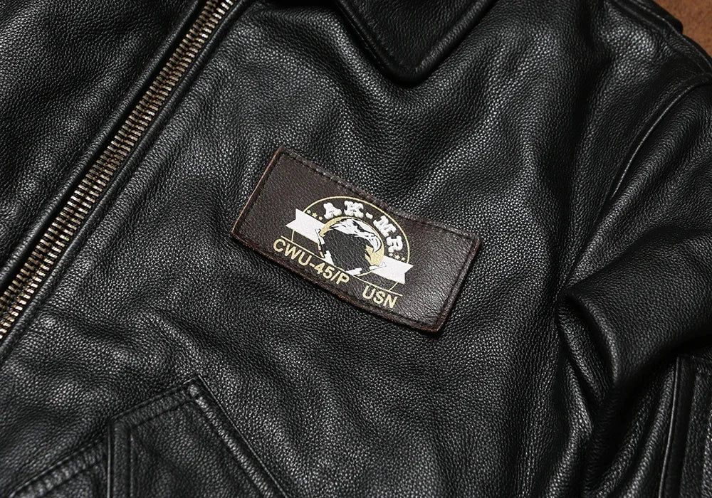 American Retro Leather Flight Suit Jacket Slightly Cowhide Jacket Men's and Women's Lapel High-waisted Shoulder Leather Jacket