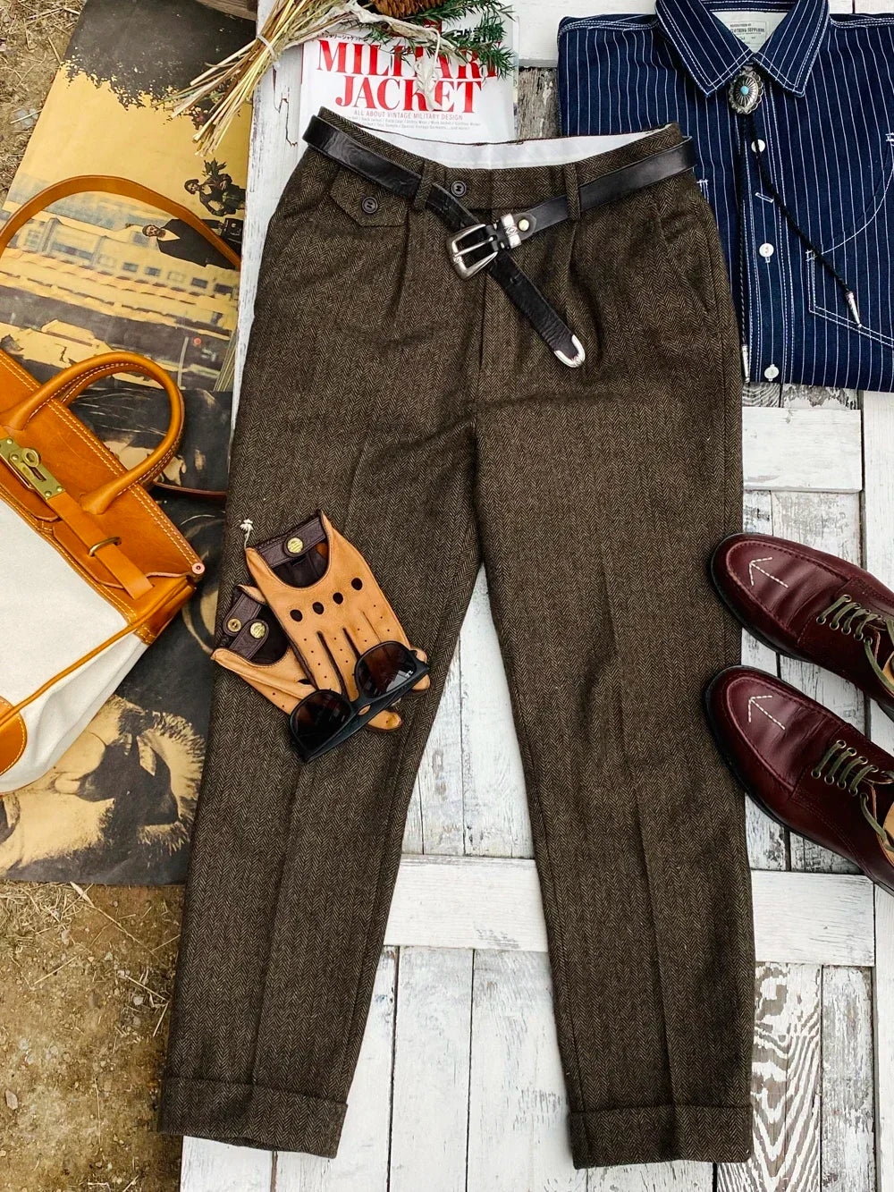 Tailor Brando British Retro Herringbone Wool Micro Tapered Trousers 9.5-point Men's Tweed Trousers