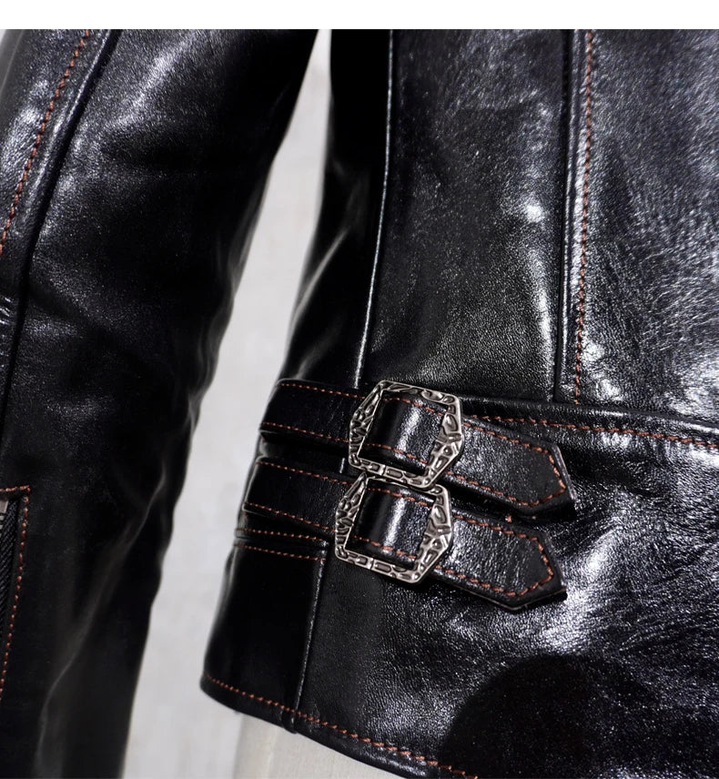 2023 Classic Japanese Lapel Motorcycle Jacket Vegetable Tanned Horseskin Diagonal Leather Men's Short Slim Leather Jacket