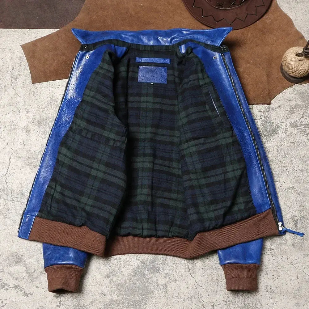 Wax Feel Unpainted Indigo Dyed Cowhide Jacket, Heavyweight Escape A2 Flight Suit, Leather Jacket, Men's Retro Leather Jacket Tailor Brando