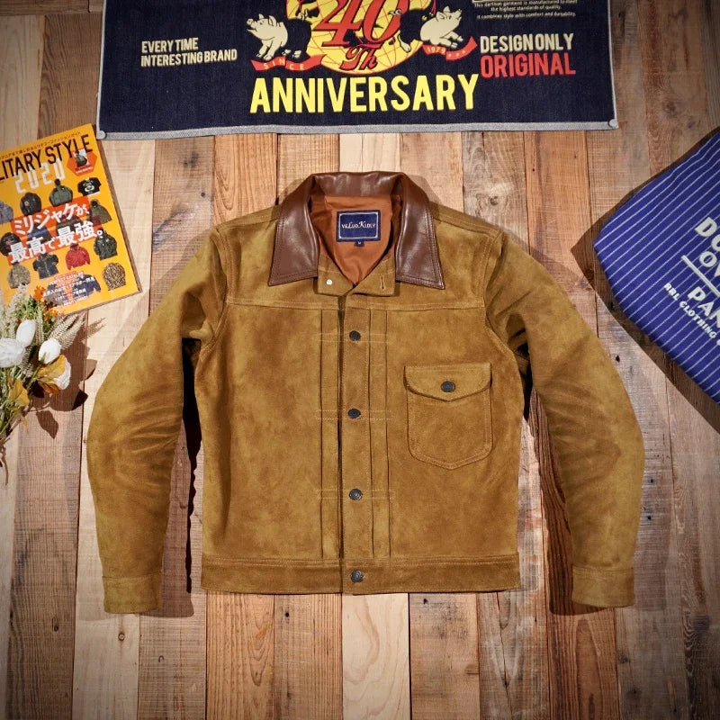 Look At The Texture! RRL American Vintage Italian Oil Wax Suede Cowhide 506 Biker Denim Jacket Leather Jacket