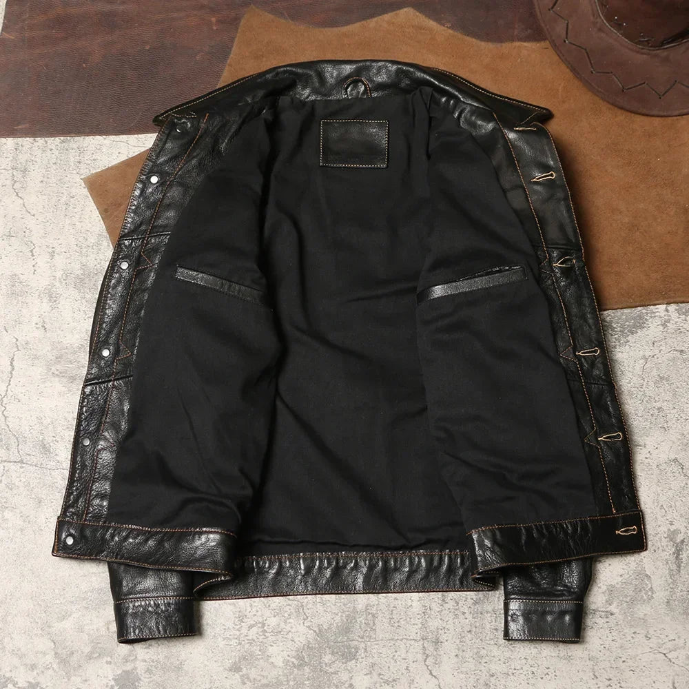 Tailor Brando506 Batik Goat Shrink Leather Jacket Lapel Short Leather Coat Spring and Autumn Men's Retro Tooling Leather Jacket