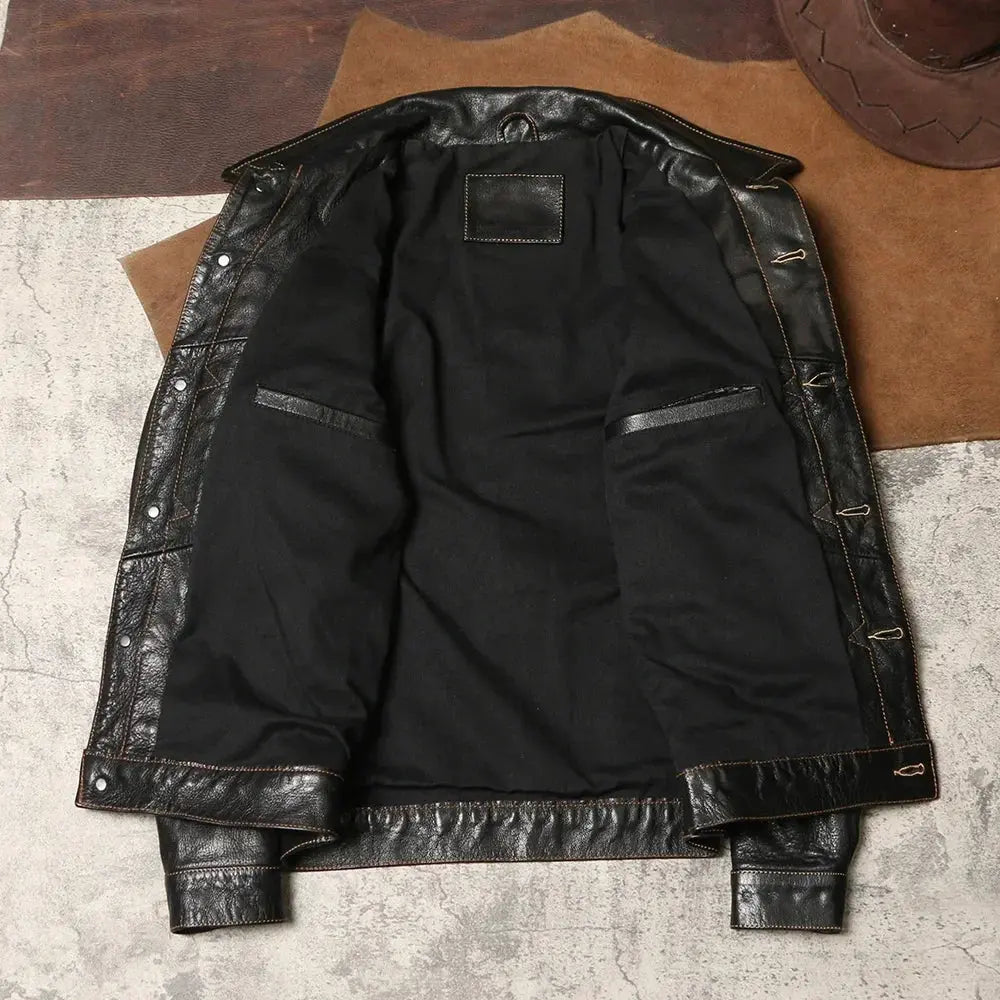 Tailor Brando506 Batik Goat Shrink Leather Jacket Lapel Short Leather Coat Spring and Autumn Men's Retro Tooling Leather Jacket Tailor Brando