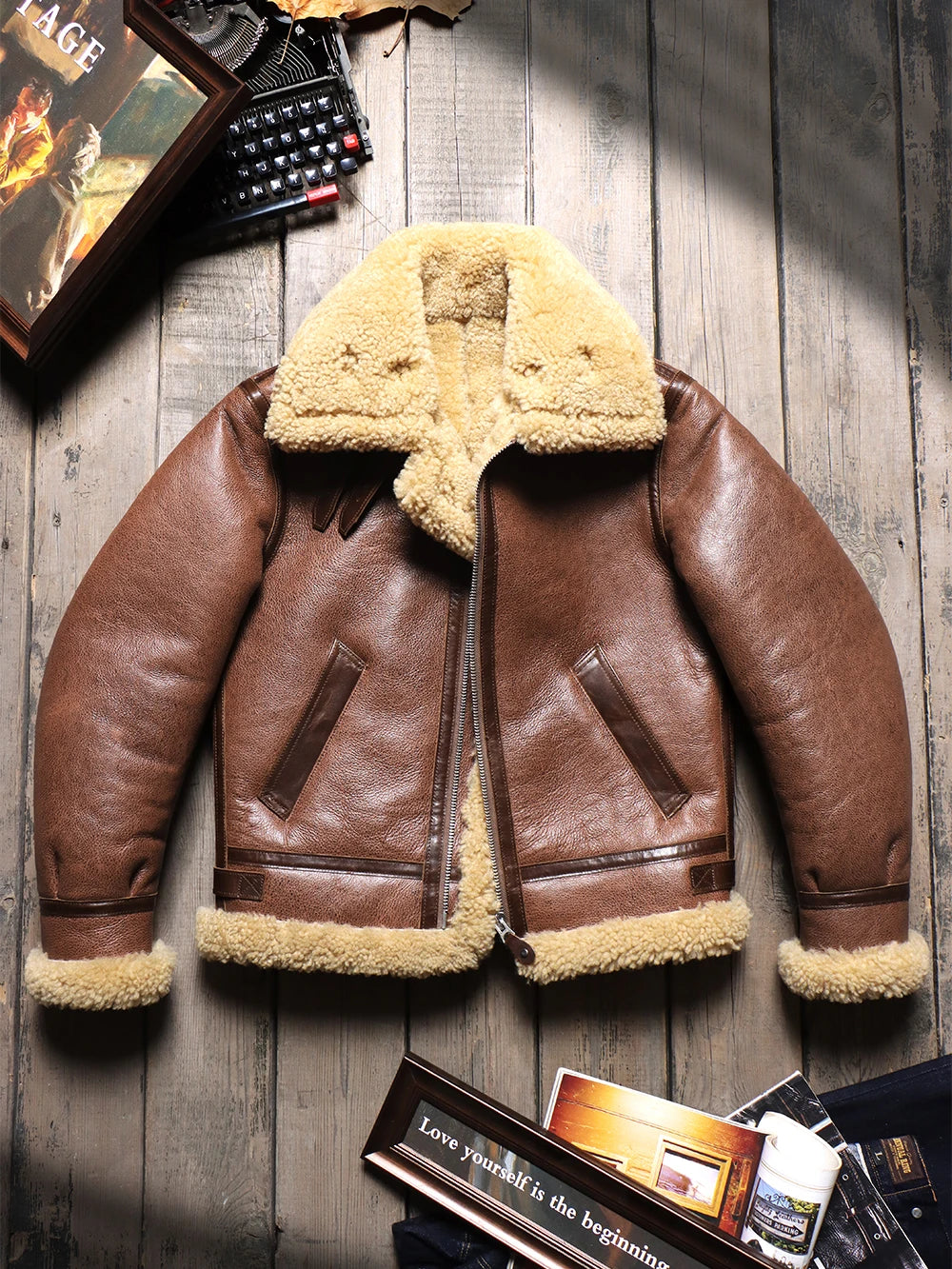 Tailor Brando Original Australian Sheep Shearling B3 Bomber Jacket Men's Genuine Leather Winter Warm Wool Jacket