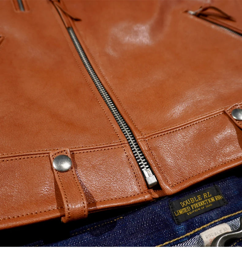 Tailor Brando Uncoated Washed Goatskin Men's Short Double Ri*der Genuine Leather Jacket